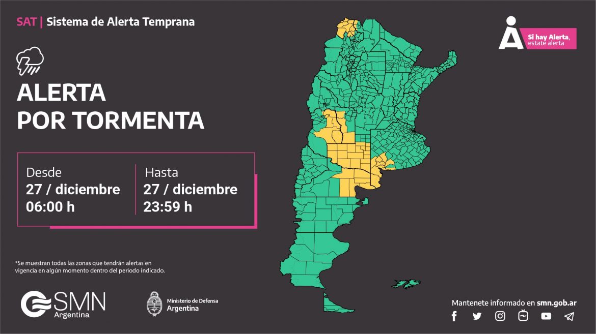 Alerta amarillo por tormentas fuertes para La Pampa