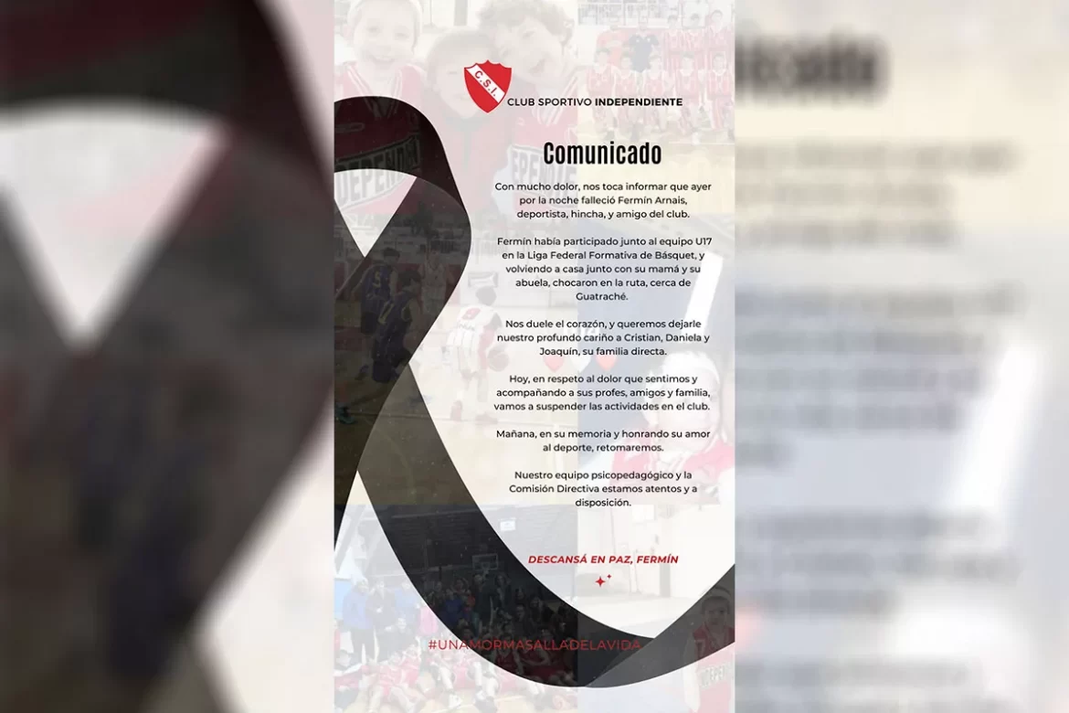 Fermín Arnais, una de las víctimas fatales, volvía de jugar al básquet: la despedida del Club Independiente