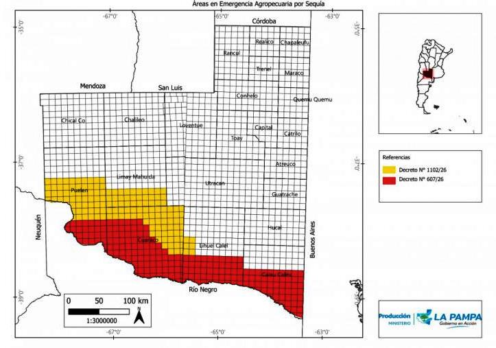 Mapa de zonas afectadas por sequía en La Pampa